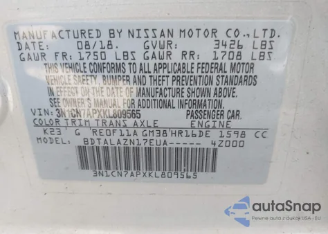 2019 Nissan Versa 1.6 S+ from USA, damaged, VIN 3N1CN7APXKL809565